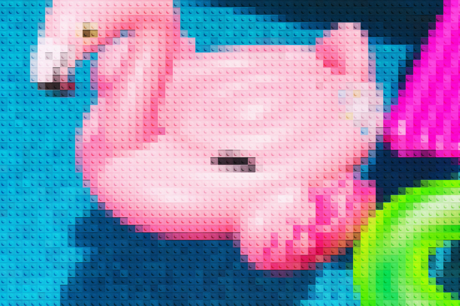 Pixelated pink flamingo made from colorful LEGO blocks on a blue background. Perfect for designers, mockups, graphic projects, templates, digital assets.