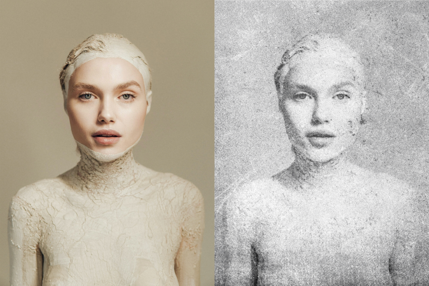 Side-by-side artistic portraits mockup, featuring a cracked texture effect and a black-and-white version. Perfect for digital designers and artists.