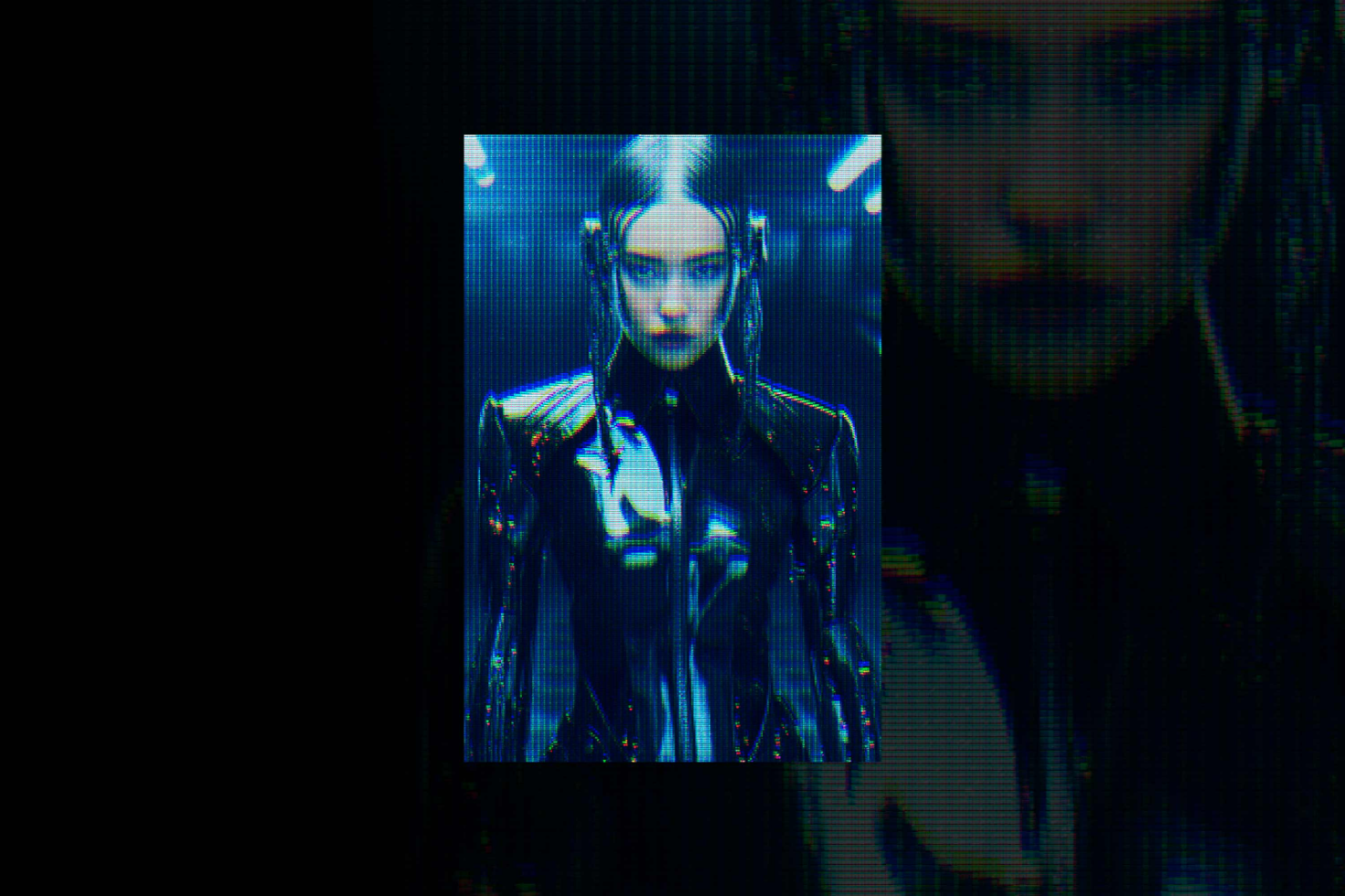 Futuristic cyberpunk design template featuring a woman in black, high-gloss attire with a dark, pixelated background perfect for designers mockups graphics.