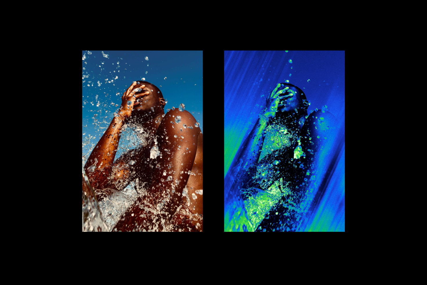 Vibrant dual-shot photo mockup of a person splashed with water featuring natural light and neon effects, ideal for graphic design projects and promotional templates.