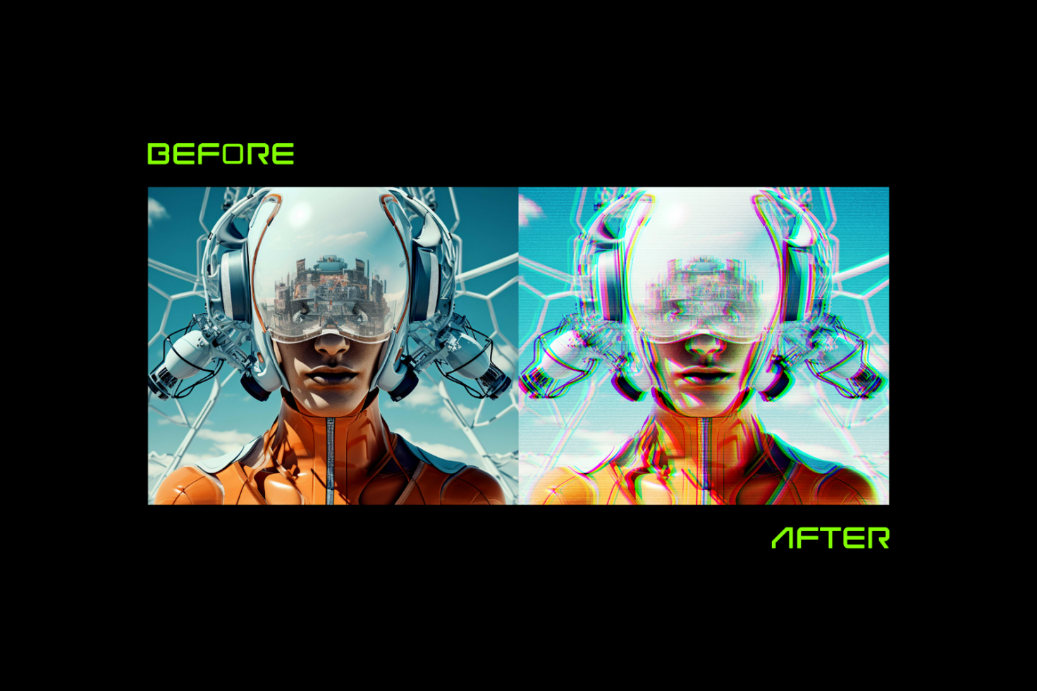 Before and after images of a futuristic character in a digital art mockup emphasizing graphic design and visual effects suitable for templates and creative projects