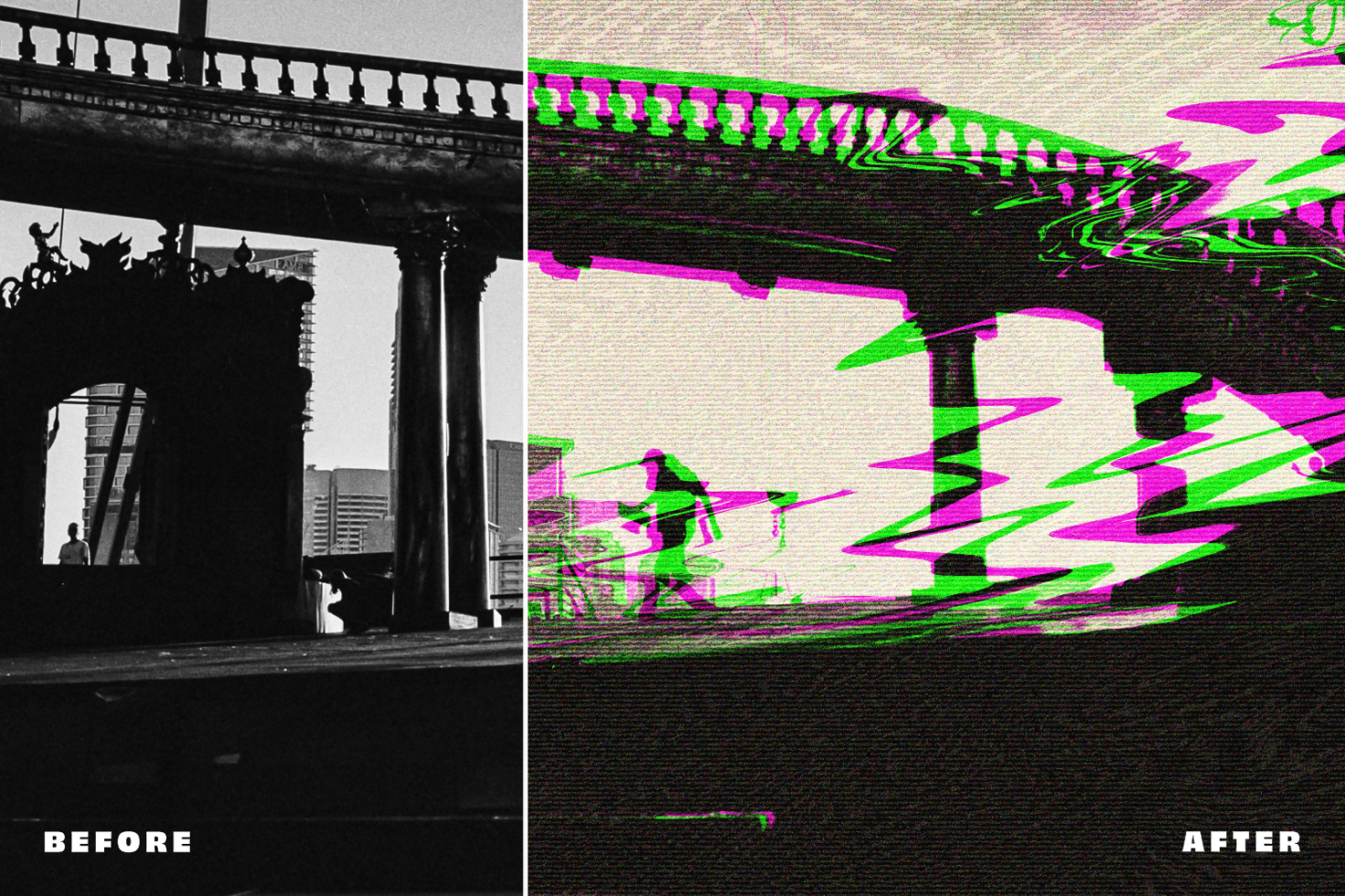 Before and after urban photo with glitch effect. Perfect for graphic designers looking for edgy, digital distortion aesthetics. Great for templates or graphics.