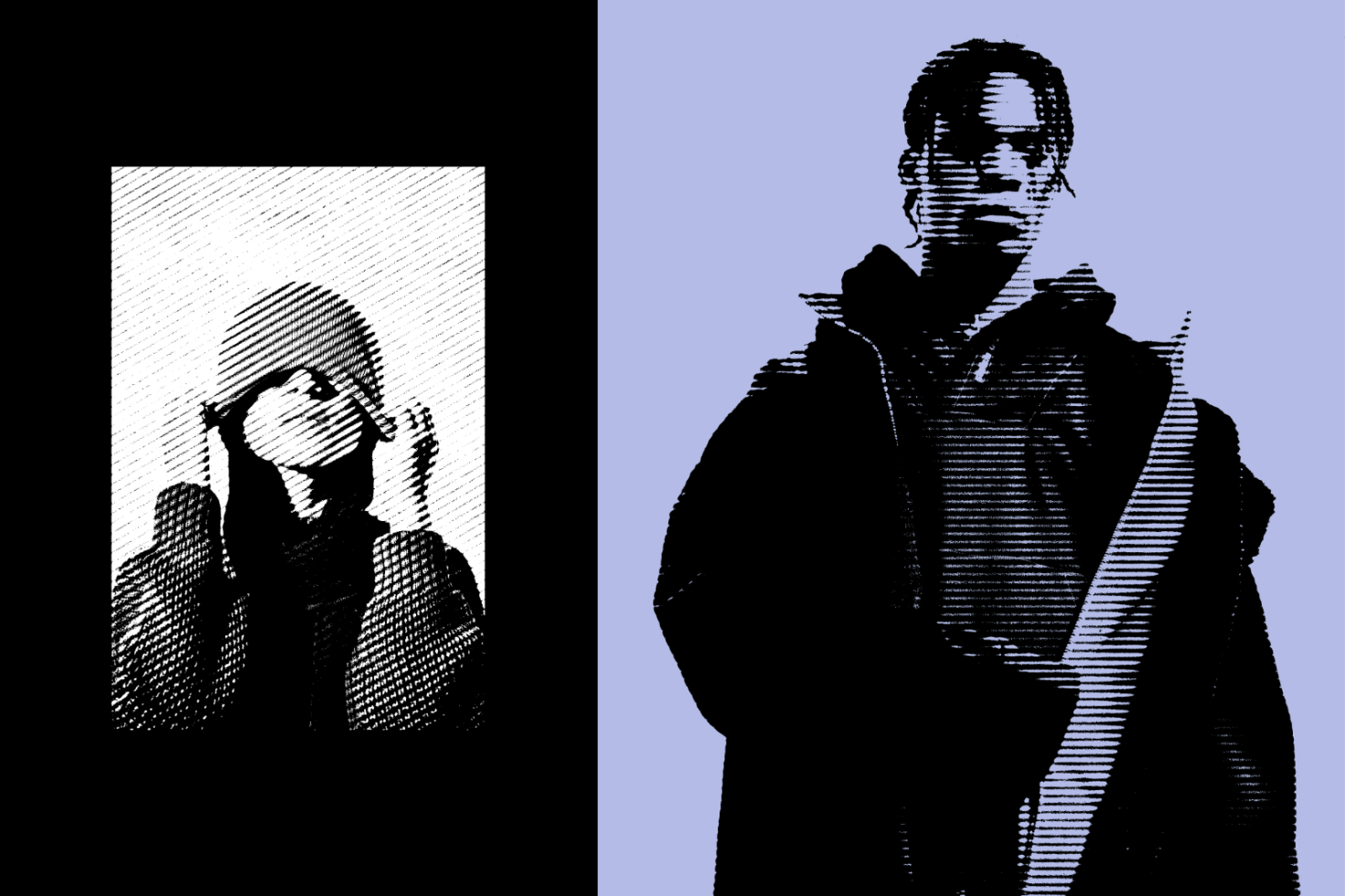 Halftone effect black and white image of two figures, one wearing a beanie, the other in a jacket. Digital asset for graphic design, mockups, and templates.