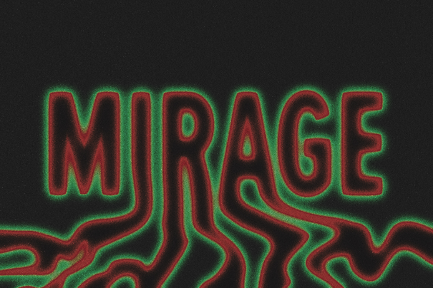 Mirage text effect in bold red and green gradient with wavy lines on a black background. Suitable for graphics and templates, perfect for designers seeking unique effects.