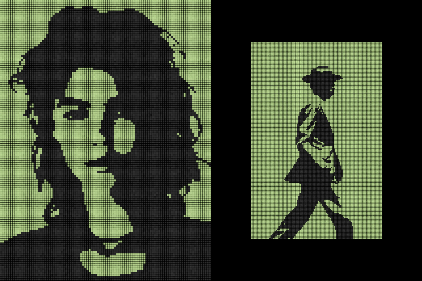 Pixel art graphic set featuring a woman's portrait and a stylish walking man silhouette ideal for digital designers graphics templates and mockups.