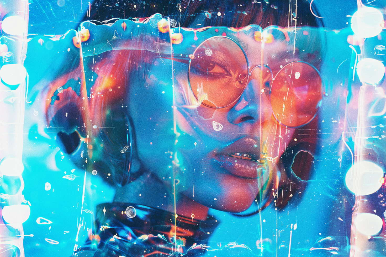 Vibrant digital artwork featuring a female figure with colorful abstract effects. Perfect for graphic design projects, collages, and creative templates.