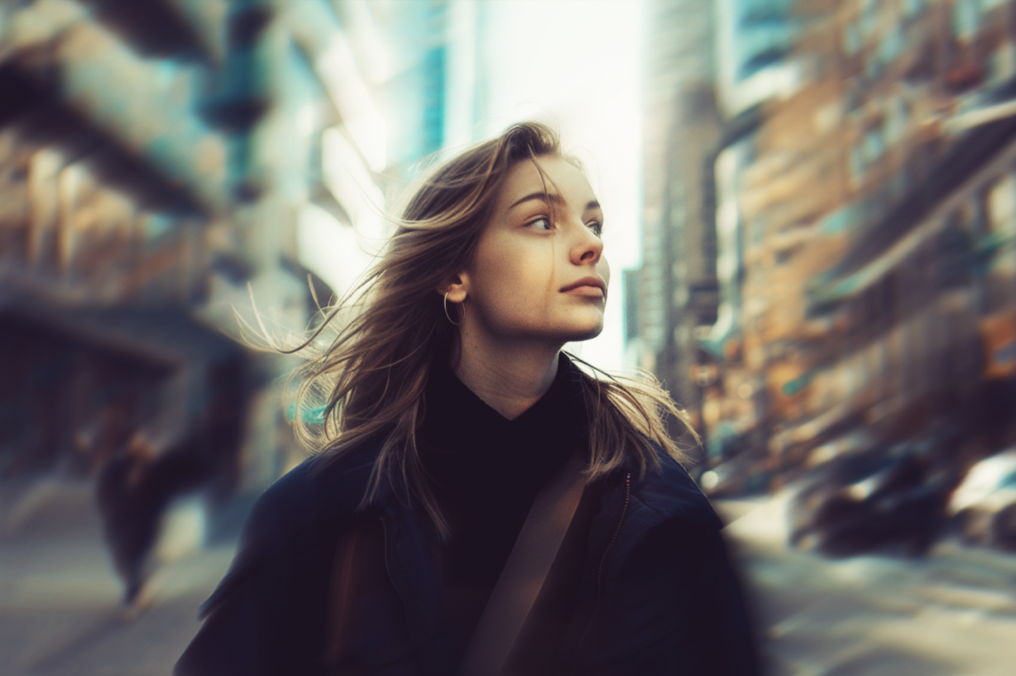 Young woman walking through bustling cityscape concept digital graphics designers mockup modern urban background vibrant life motion blur effect photography