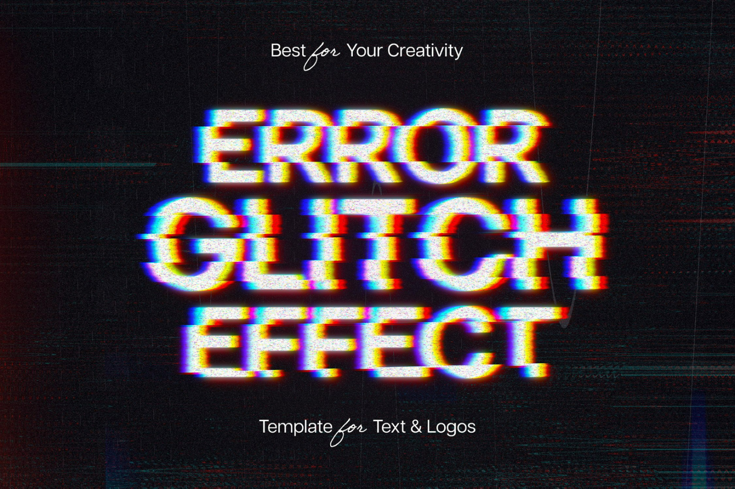 Error glitch effect template for text and logos with a digital distortion design in vibrant colors. Ideal for designers seeking unique graphic assets.