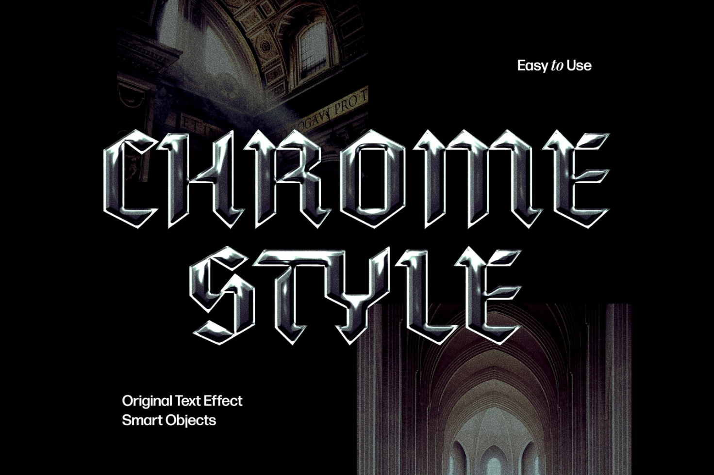 Chrome style text effect for designers featuring gothic font and smart objects ideal for mockups templates and graphic design projects. Easy to use.