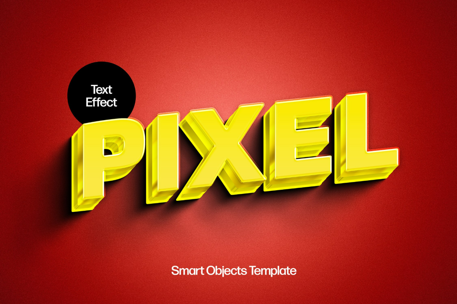 3D text effect template featuring the word Pixel in bright yellow letters on a red background for designers to use in mockups and graphic design projects.