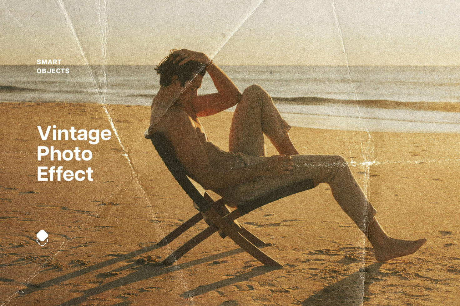 Vintage photo effect mockup featuring a person sitting on a beach chair with a textured, worn paper look. Ideal for graphic designers seeking retro aesthetics.