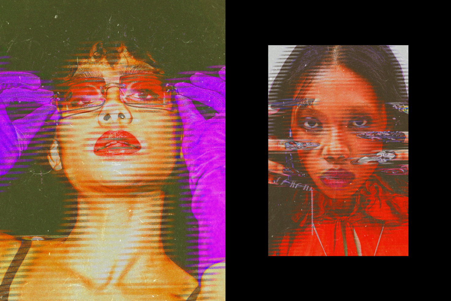 A glitch effect graphic showing two women with vibrant colors, ideal for digital design, mockups, or modern art templates. Perfect for graphic designers and artists.