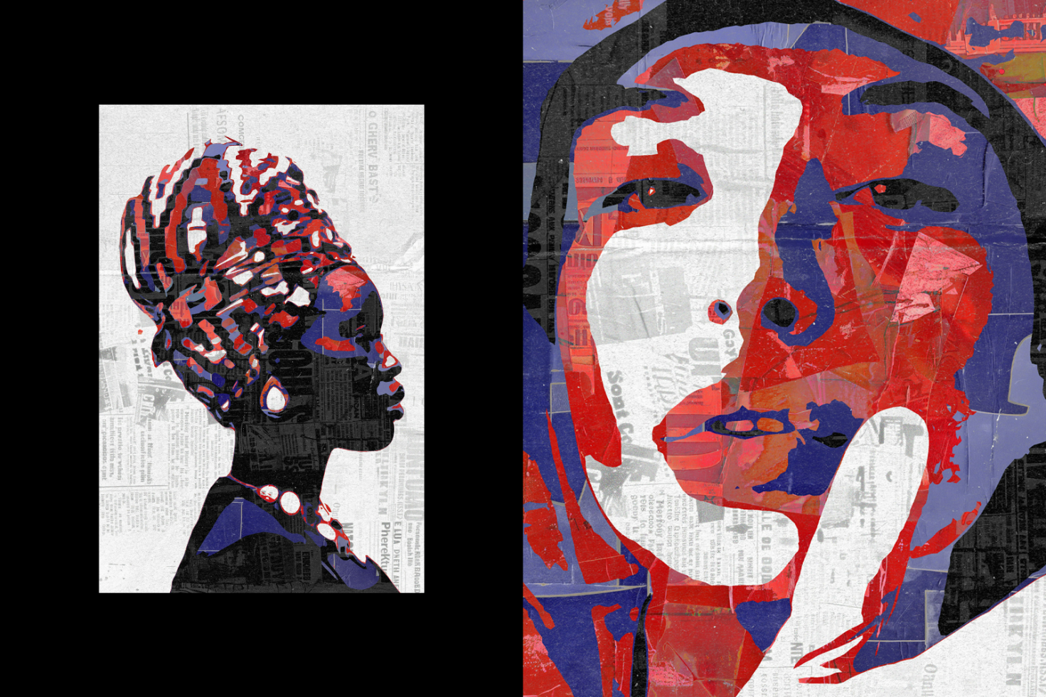 Two abstract portraits in grayscale with accents of red white blue depicting a woman with a headwrap and a close-up face. Categories Graphics Mockups. Keywords abstract art portraits.