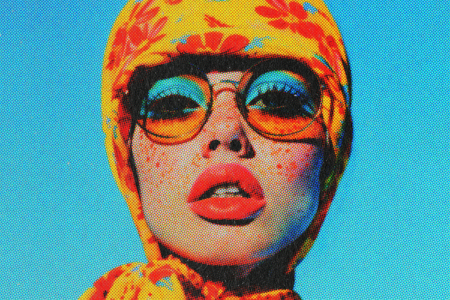 Pop art-style illustration of a woman in colorful headscarf and glasses, ideal for graphic design projects. Bright, vibrant colors for graphic designers.