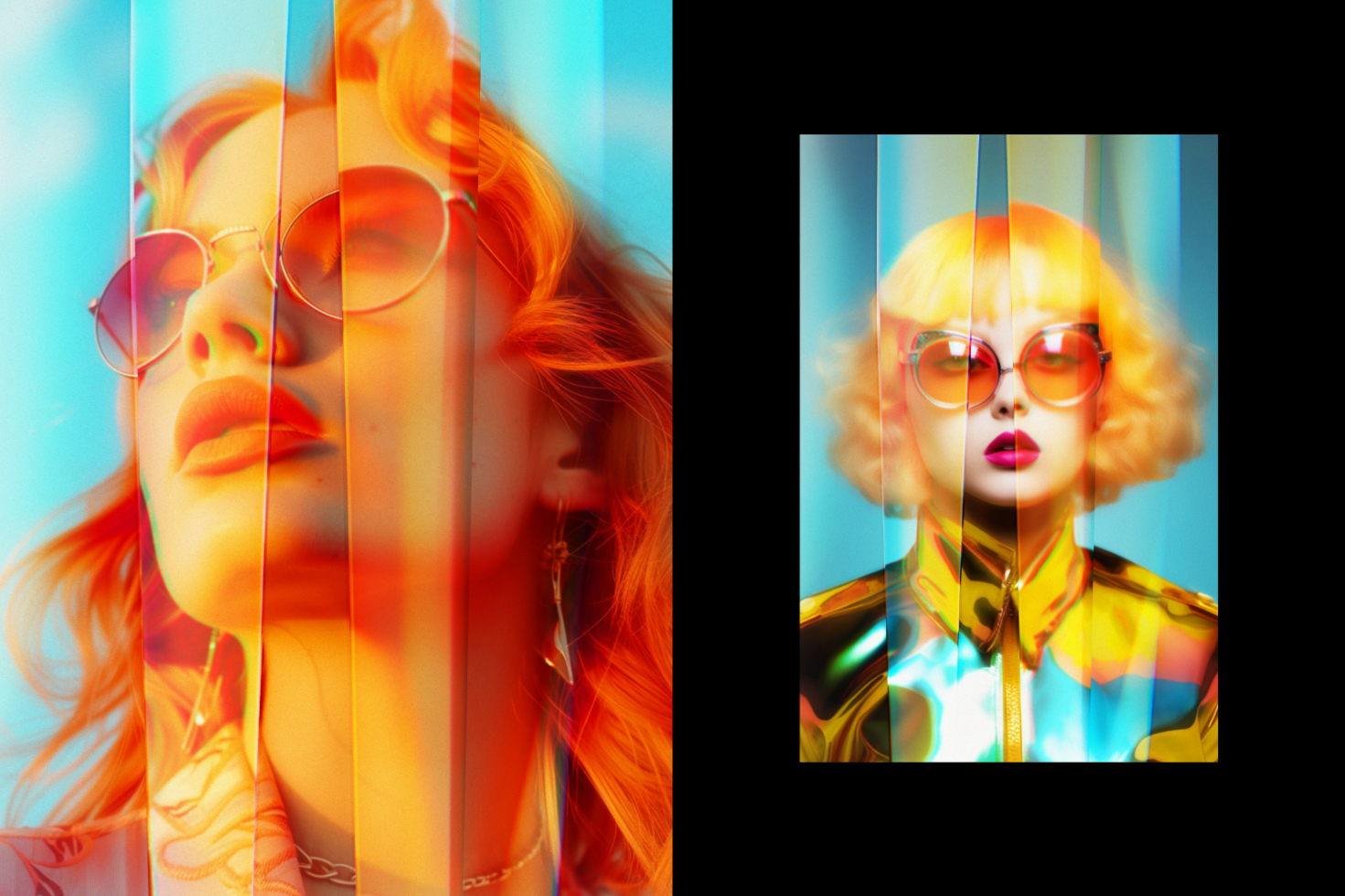 Vibrant and modern double exposure portrait design featuring a woman with red hair and sunglasses. Perfect for graphic design projects, templates, and art visuals.