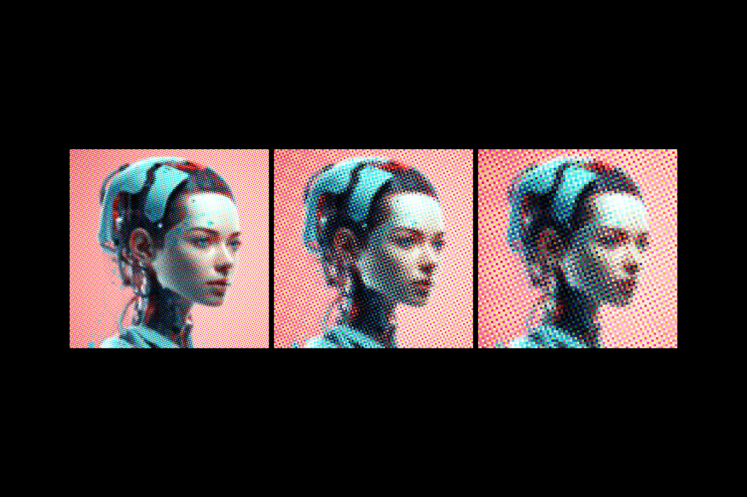 Retro halftone style graphic of a robotic woman in three views with a pink background digital art for designers futuristic mockups templates illustrations