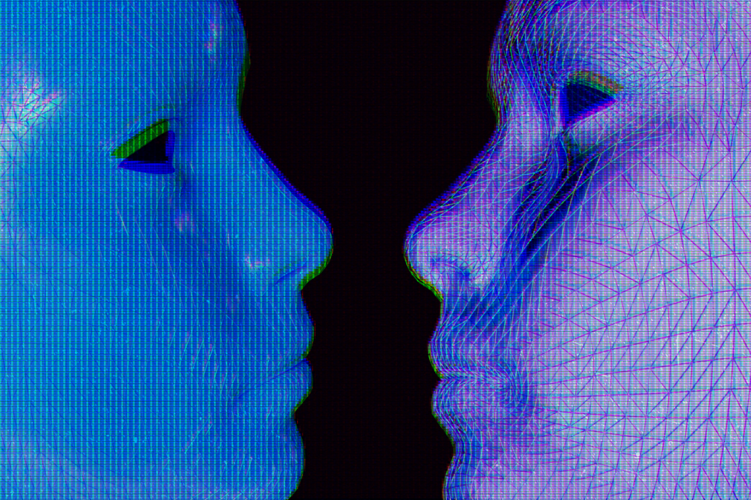 Digital artwork featuring two abstract human faces with blue and purple wireframe grid textures in close interaction. Ideal for mockups and graphic templates.