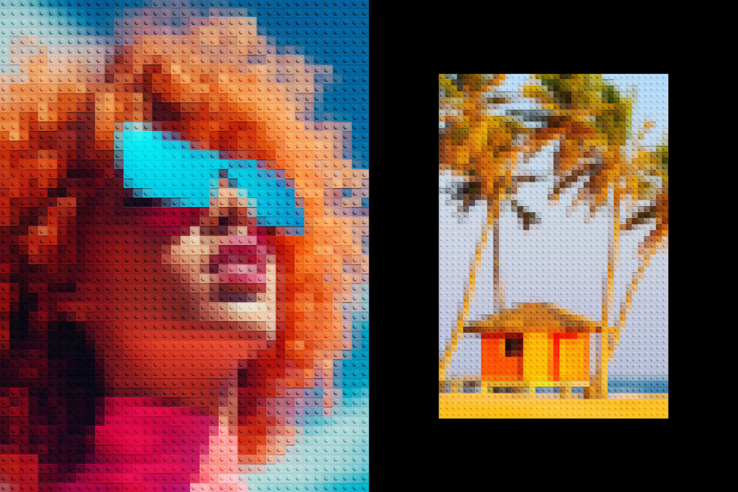 Pixelated lego-style portrait of a woman with curly hair and mirrored glasses next to a lego palm tree landscape illustration. Keywords: mockup, graphics, template.