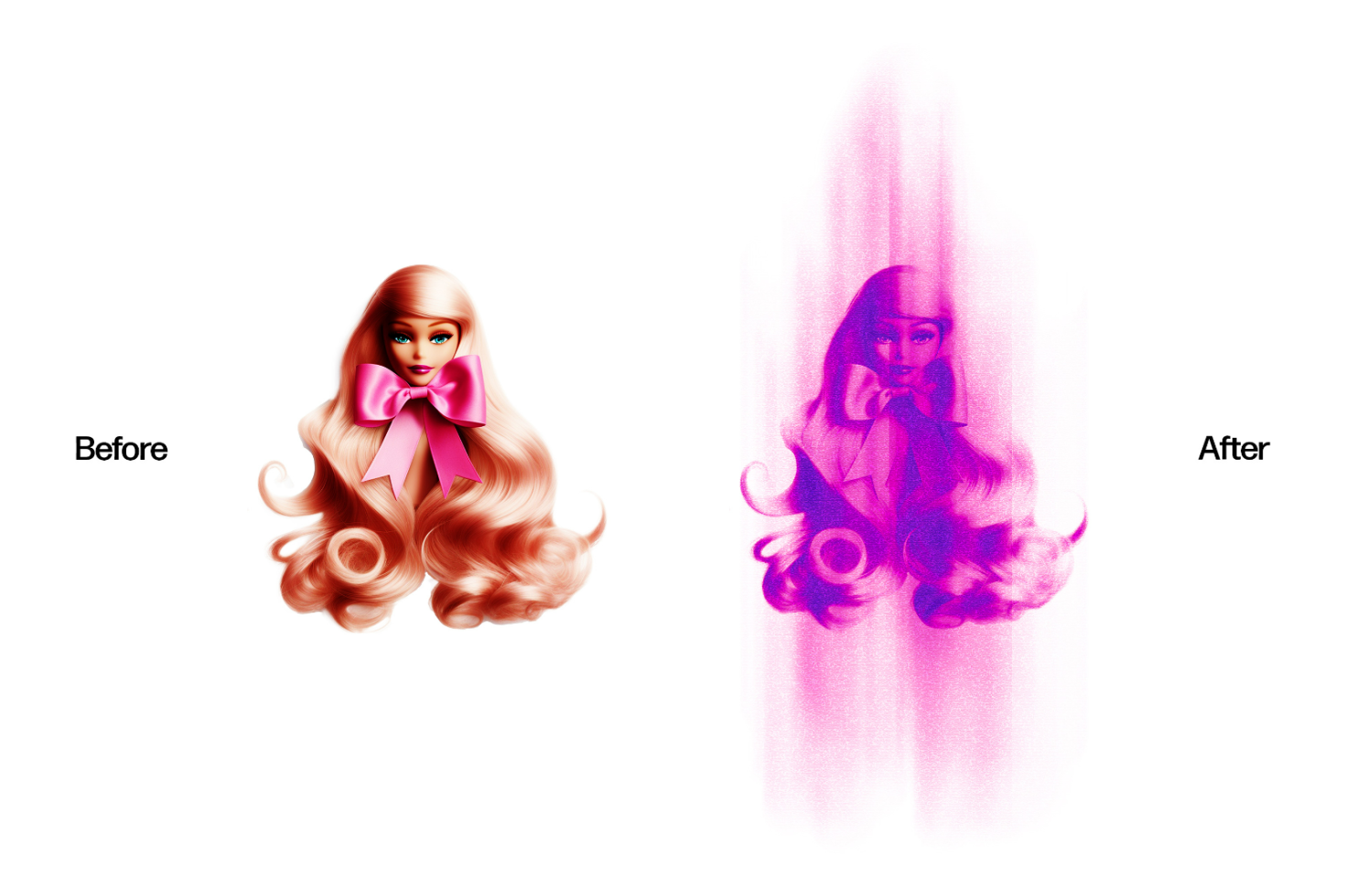 Before and after image of a doll with long hair and a pink bow demonstrating graphic effects for designers. Suitable for graphics and templates.