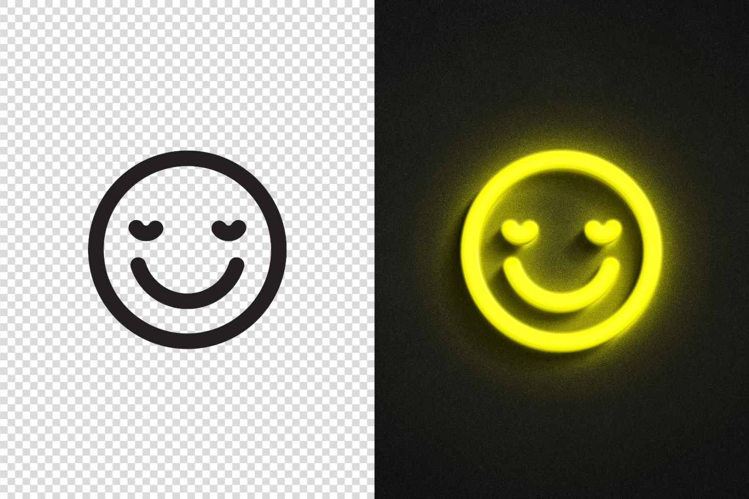 Heart eyes emoji icon in black outline on transparent background and glowing neon yellow version on black background. Perfect for graphic design, templates, mockups.