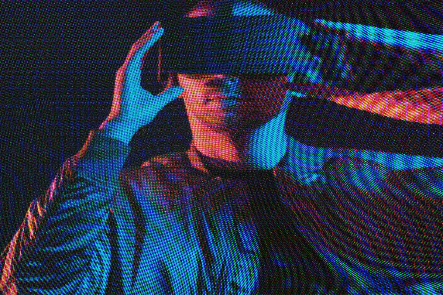 Person wearing a VR headset in a neon-lit setting suitable for digital asset mockups templates and graphics SEO keywords VR neon design mockup digital assets.