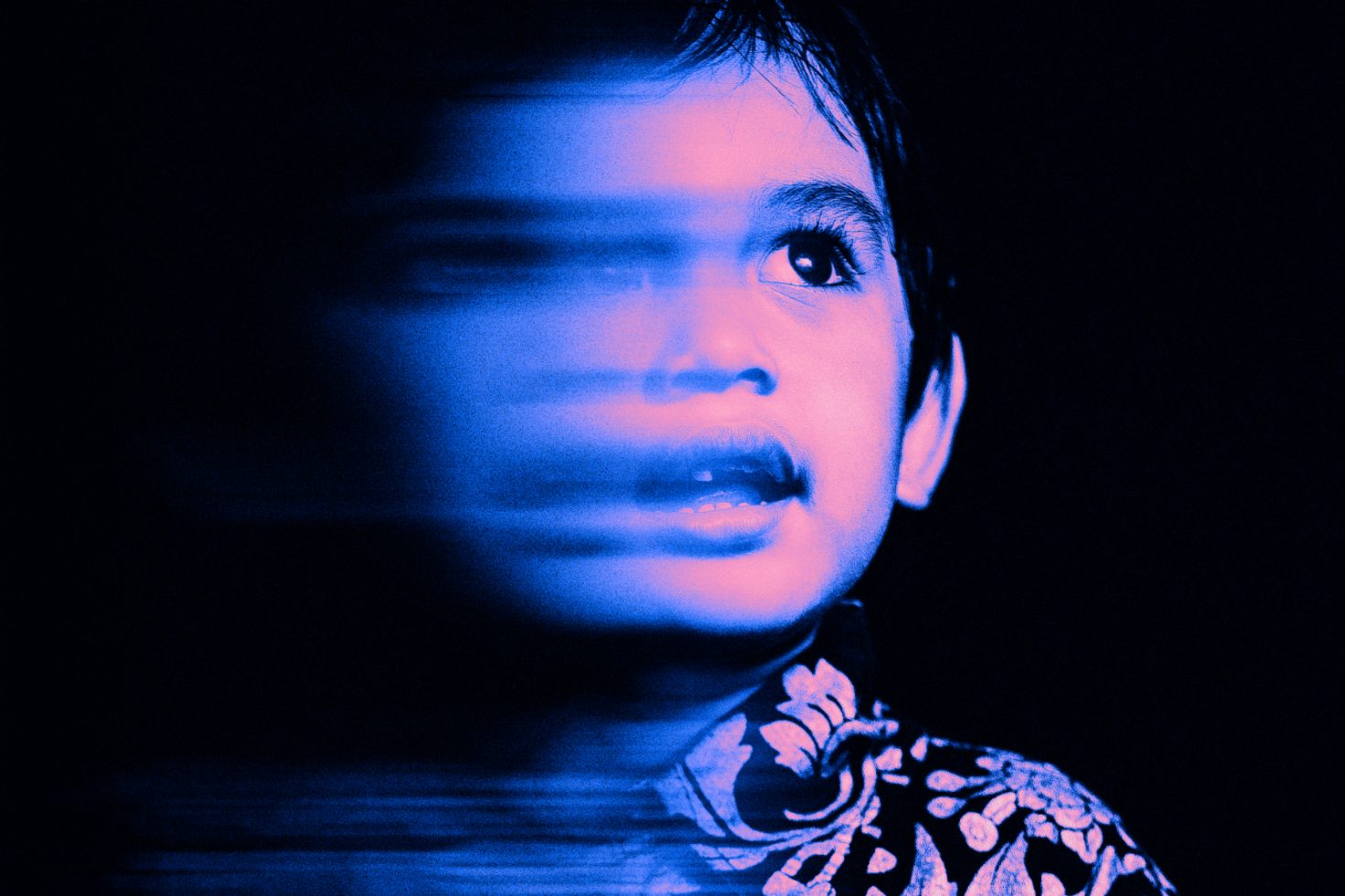 Digital art portrait of a child in blue light with motion blur. Perfect for graphic design, digital assets for websites, templates, posters.