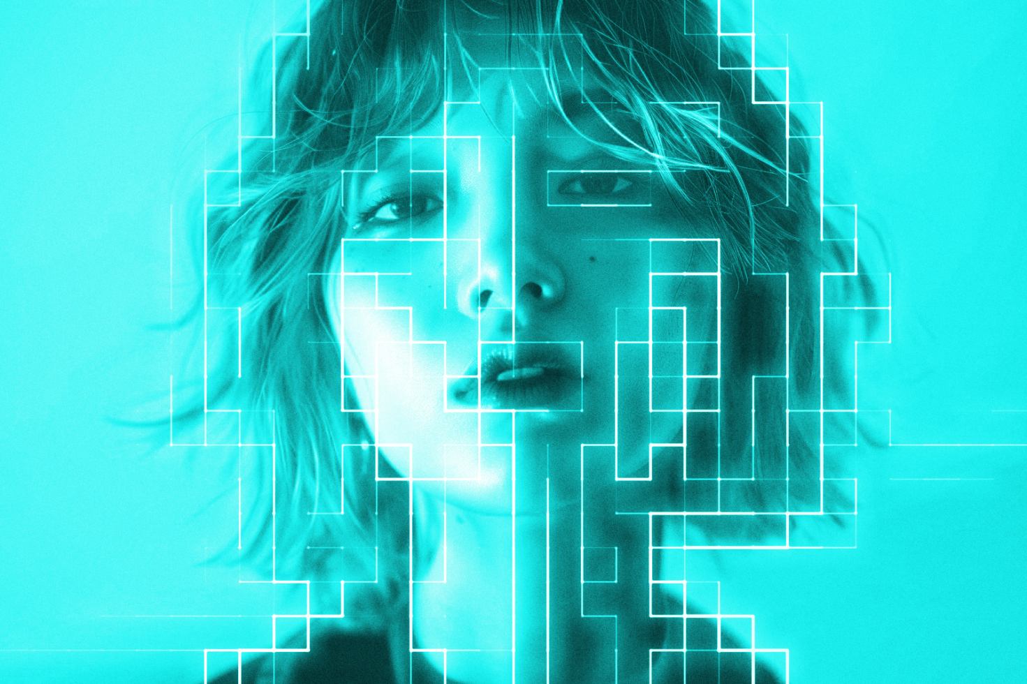 Digital art of a woman's face intertwined with geometric lines cyan futuristic effect suitable for graphics or mockups for creative designers in digital marketplace