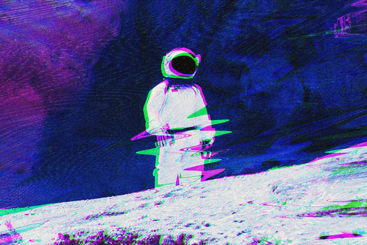 Glitch effect astronaut digital graphic design with retro aesthetics, ideal for mockups and templates in space-themed design projects for designers. Keywords: graphic design, mockups, glitch, astronaut, retro, digital.