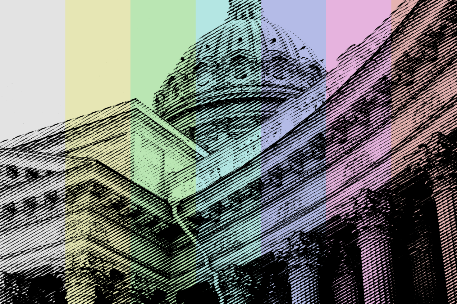 Colorful halftone architectural illustration of a domed building with columns, suitable for graphic design projects, templates, and digital art resources.