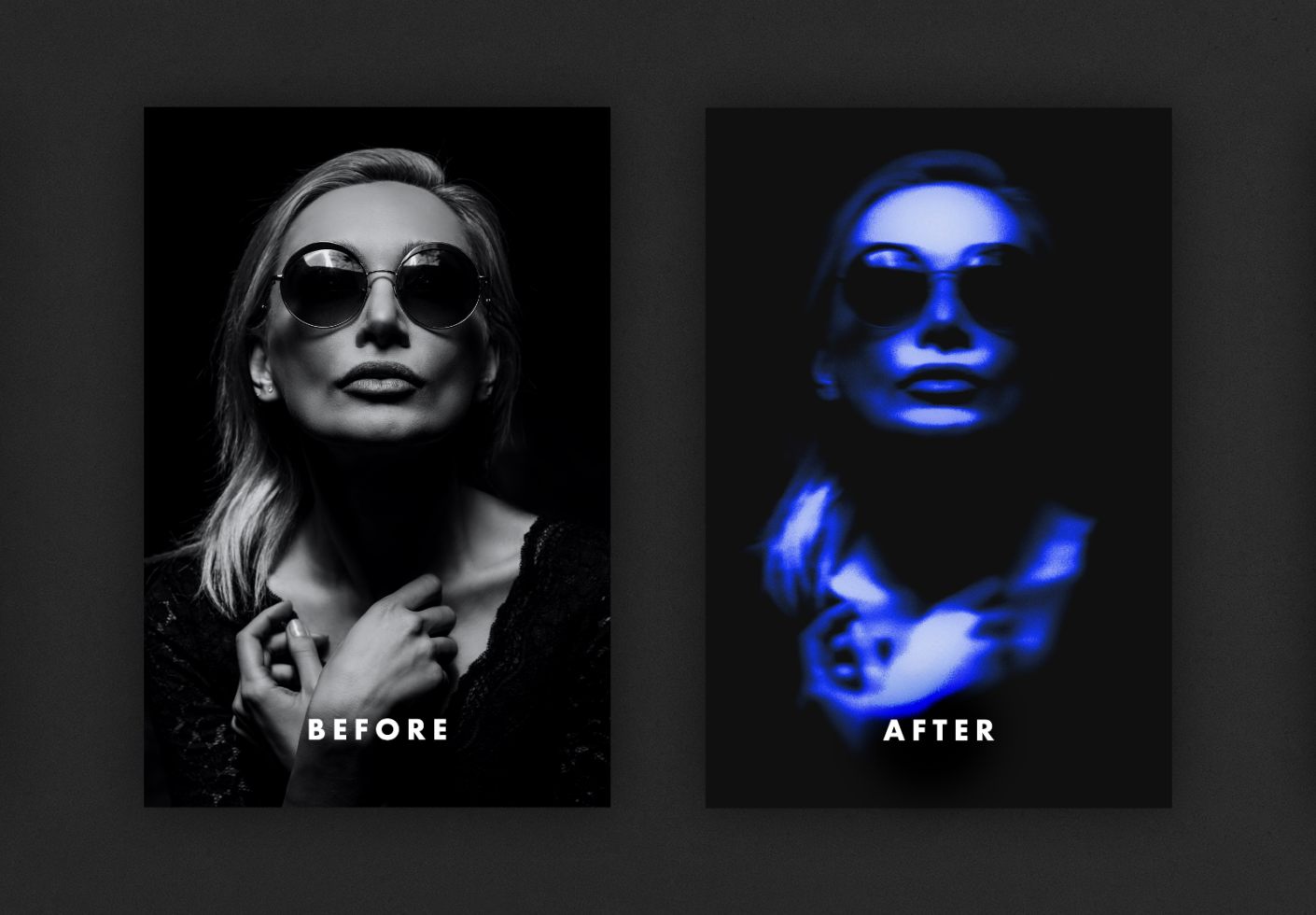 Before and after photo effect showcasing a creative neon light filter applied to a black and white portrait perfect for mockups graphics and design templates.