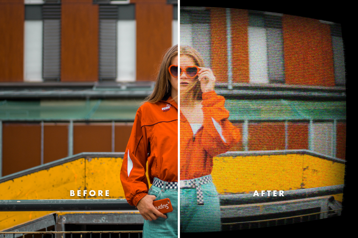 Split-screen mockup showing a before and after effect on a stylish woman. Use for showcasing filter and editing capabilities in graphic design projects.