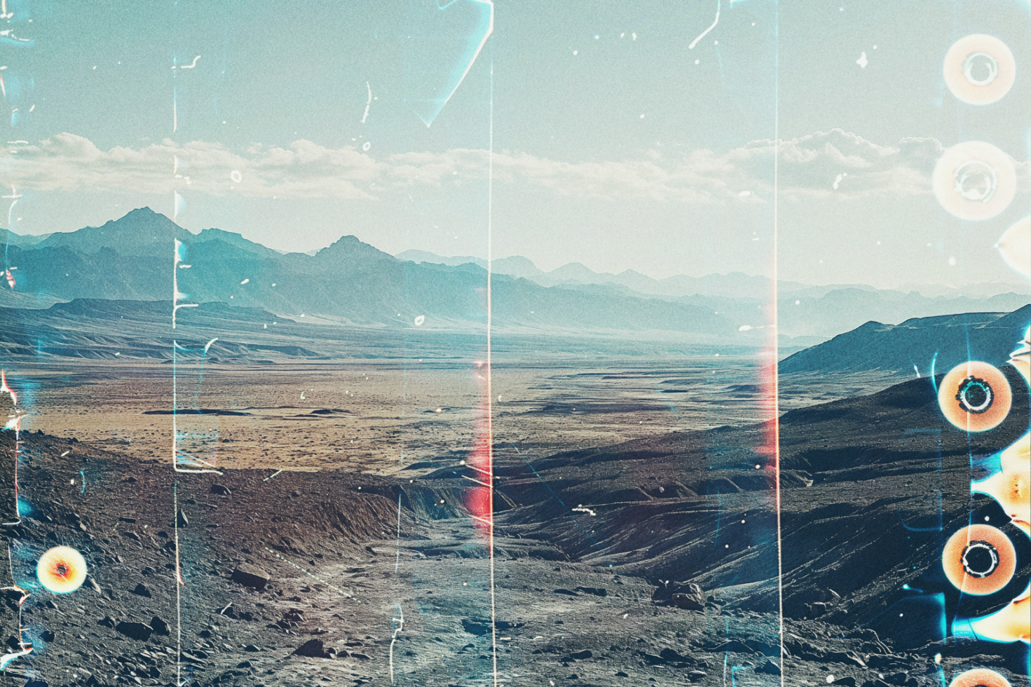 Film photograph mockup of a desert landscape with mountains in the background. Dust and light leaks effect for retro aesthetics. Ideal for graphic designers.