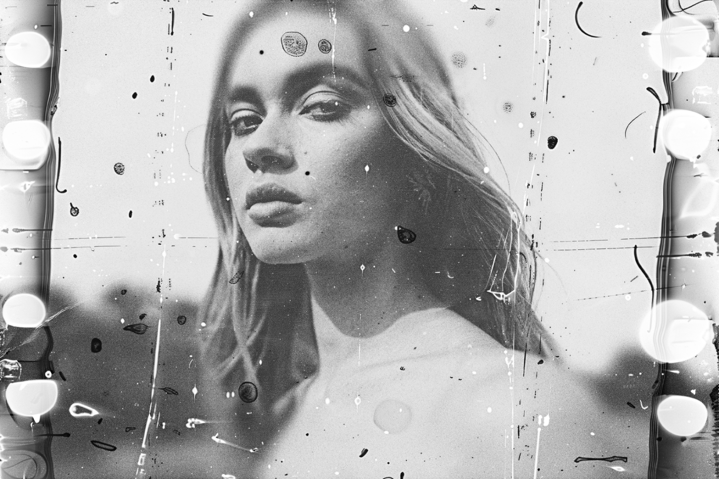 Black and white grunge portrait of a young woman. Digital assets for designers. Perfect for graphics, templates, and creative projects. Retro, vintage, aesthetic.