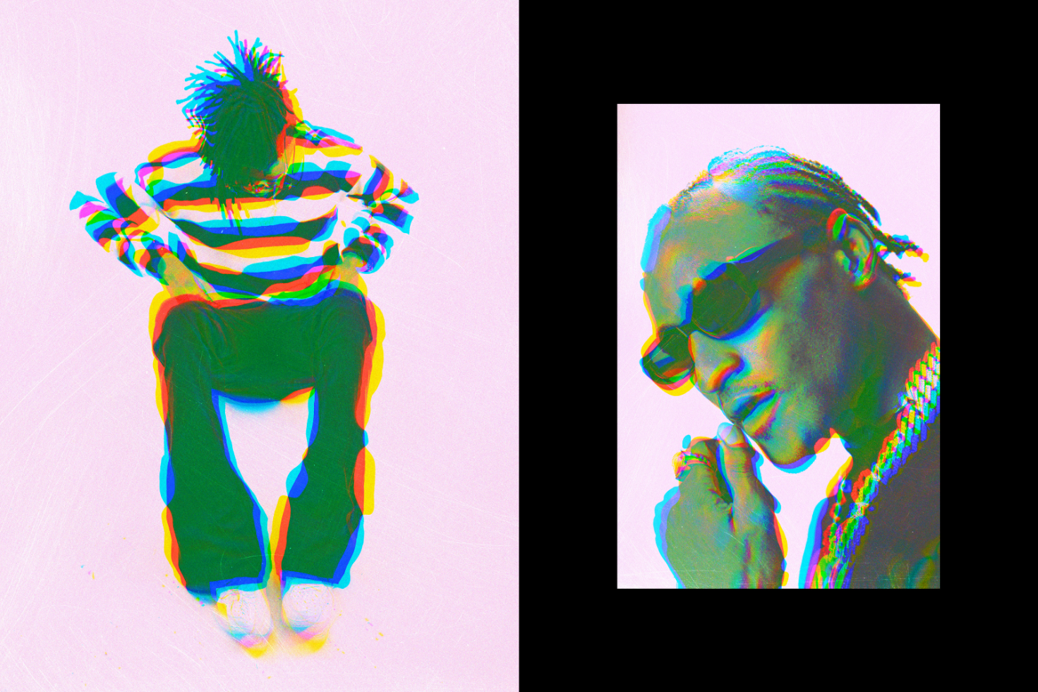 Glitch effect mockup featuring a seated figure in a striped shirt and close-up of a person with braids and sunglasses. Vibrant RGB visuals for creative projects.