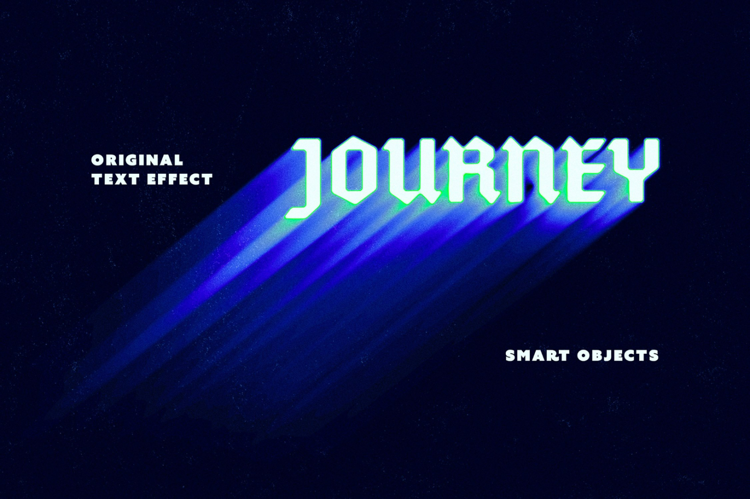 Retro futuristic text effect with the word Journey in glowing blue-green hues on dark background perfect for graphic designers mockups templates and smart objects.