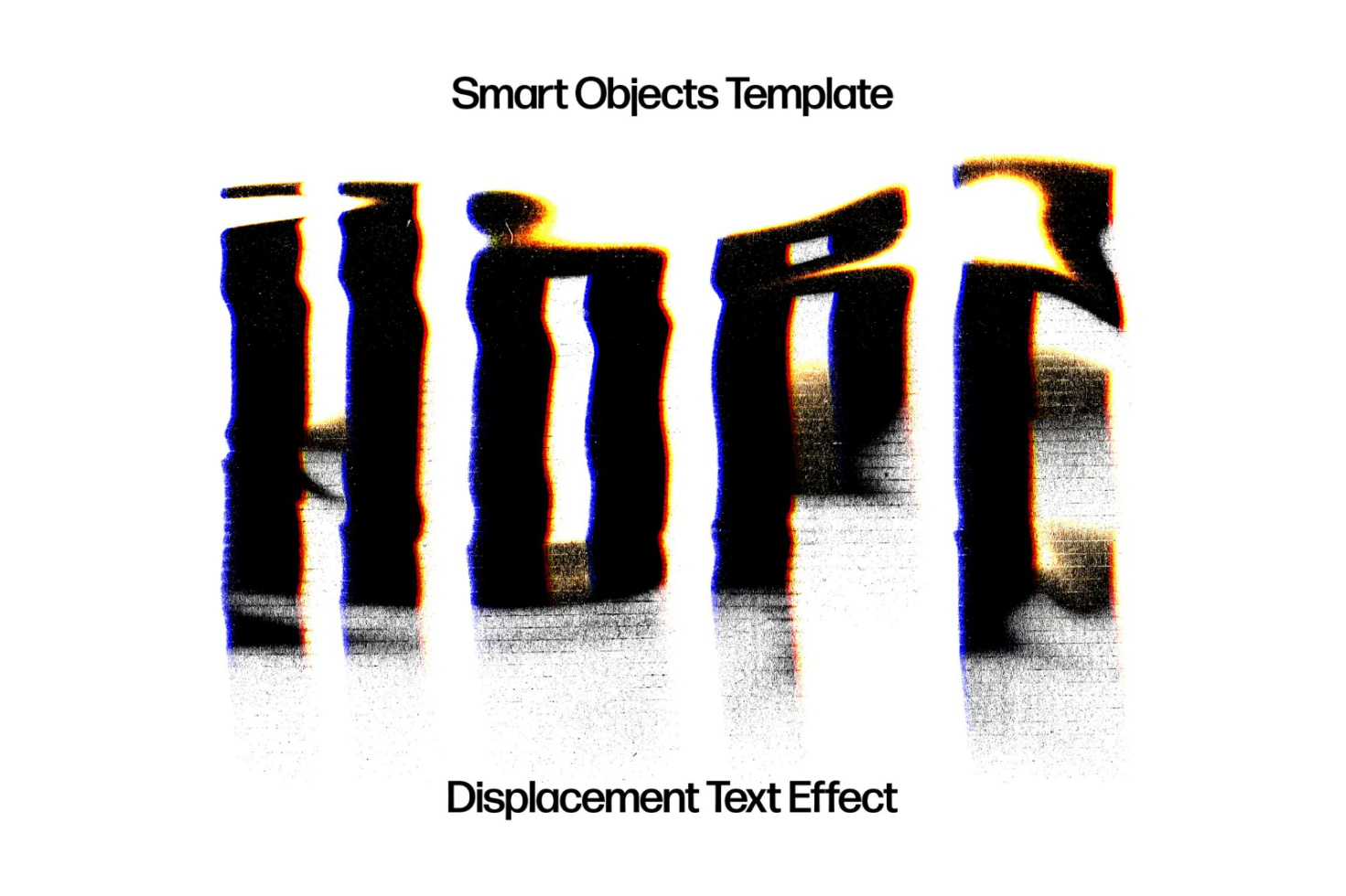 Displacement text effect mockup with distorted typography smart objects template for designers digital assets Photoshop text effect template graphic design