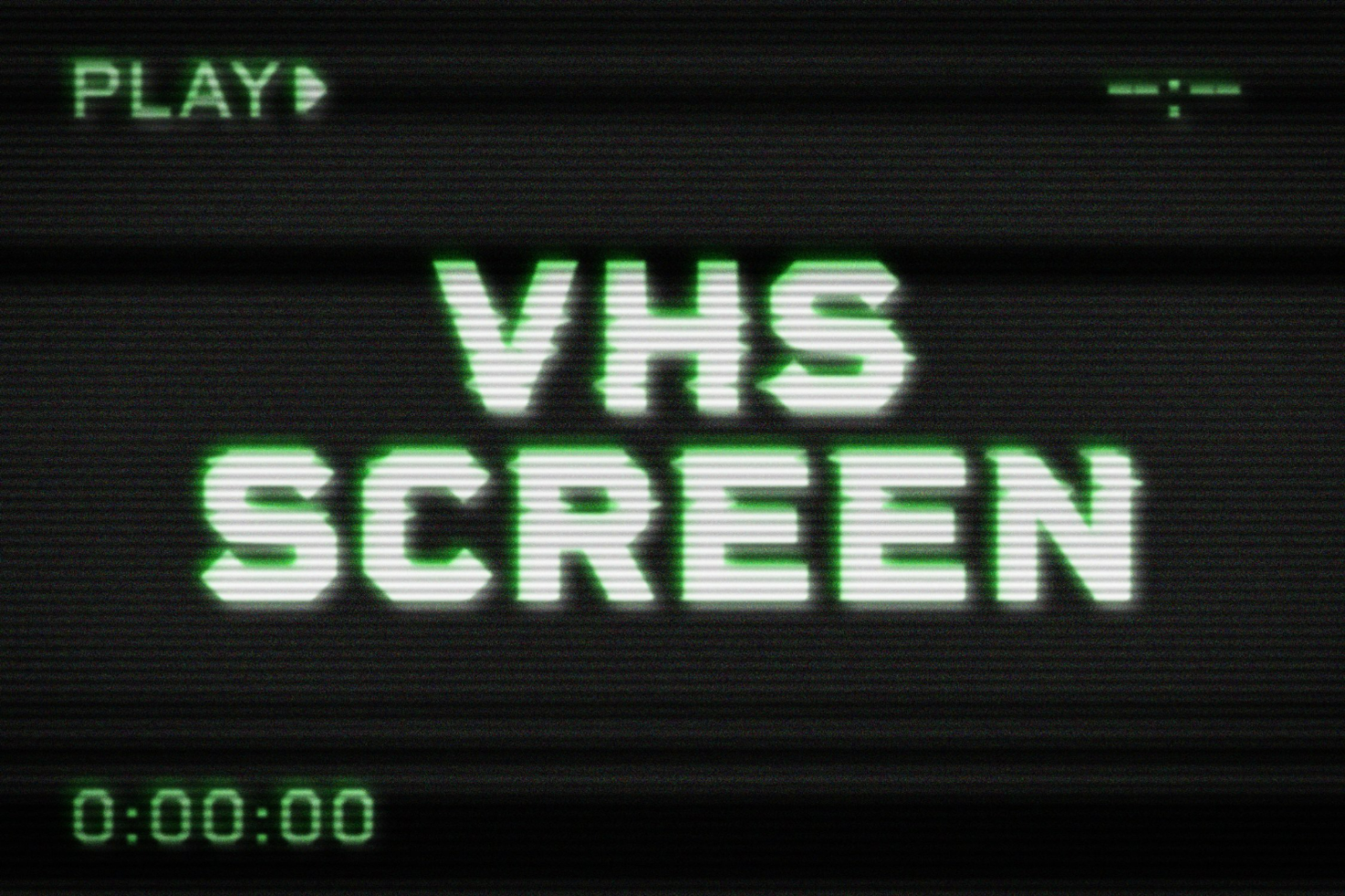 VHS screen mockup with glitch effect displaying text VHS Screen with play icon status bar and timestamp at 0:00:00 perfect for retro designs and templates