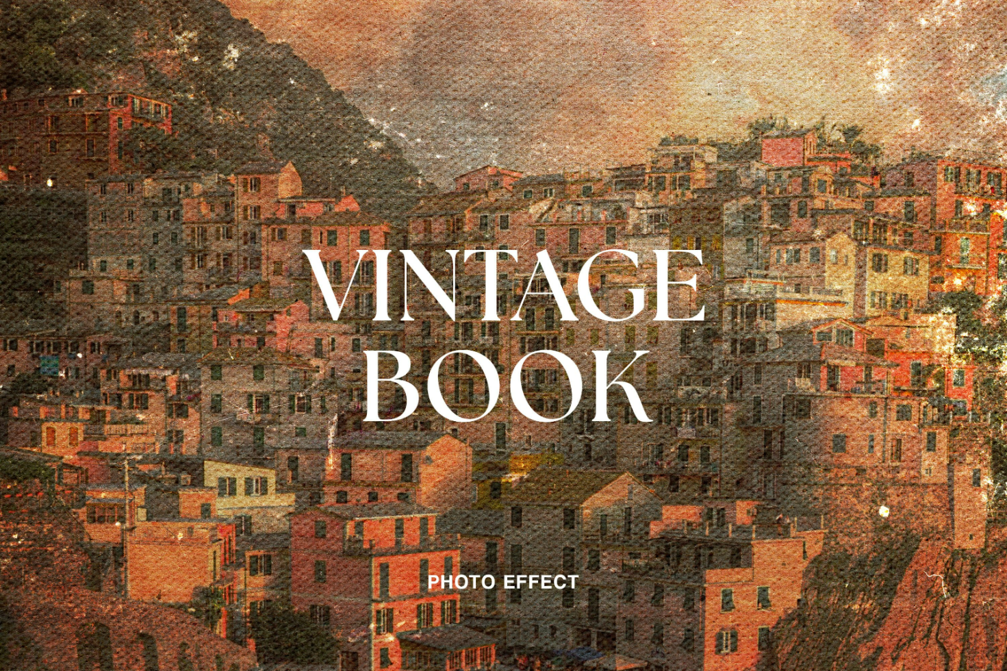 Vintage book mockup photo effect showcasing an old-town illustration with textured overlays perfect for graphic designers and digital assets. Ideal for templates.