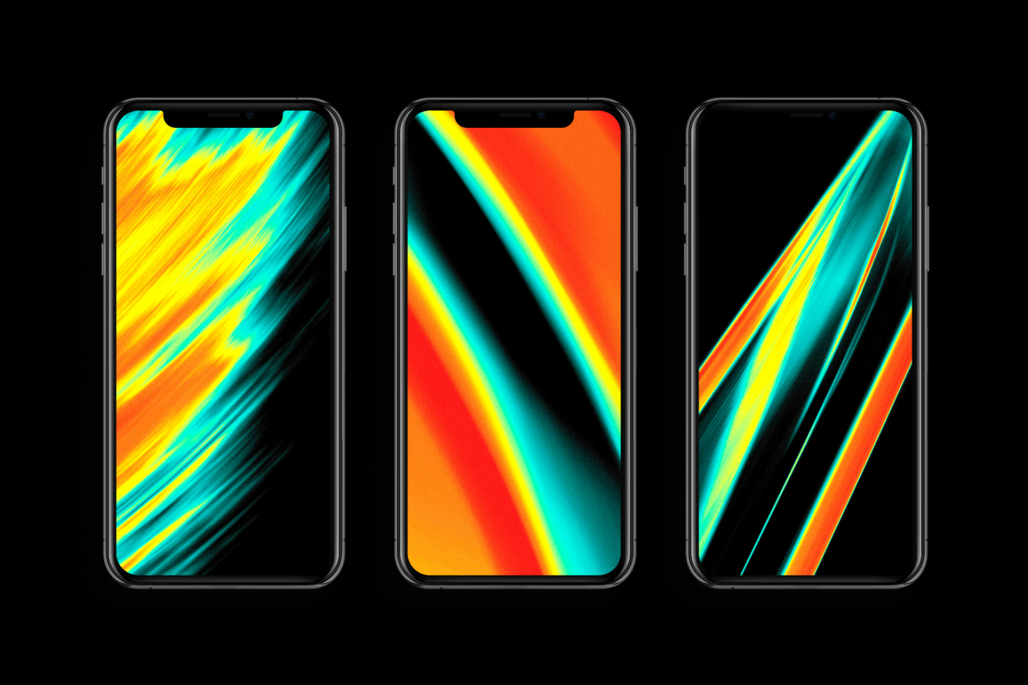 Three smartphones with neon abstract backgrounds featuring vibrant, colorful diagonal streaks. Perfect for designers. Inspired digital mockups for creative projects