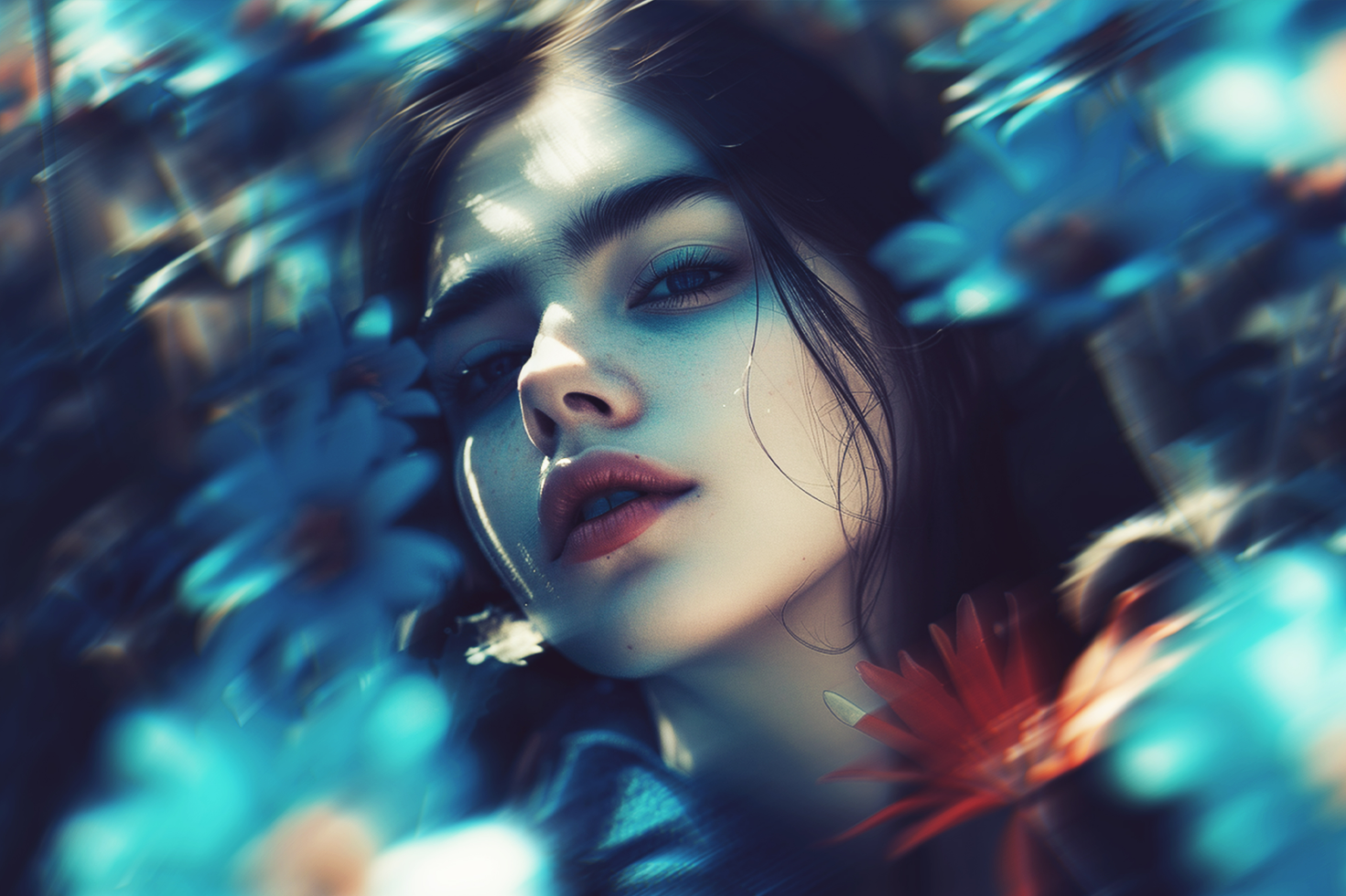 Close-up portrait of a woman surrounded by blue flowers with soft focus effect. Ideal for graphic designers in need of striking visual elements in templates.