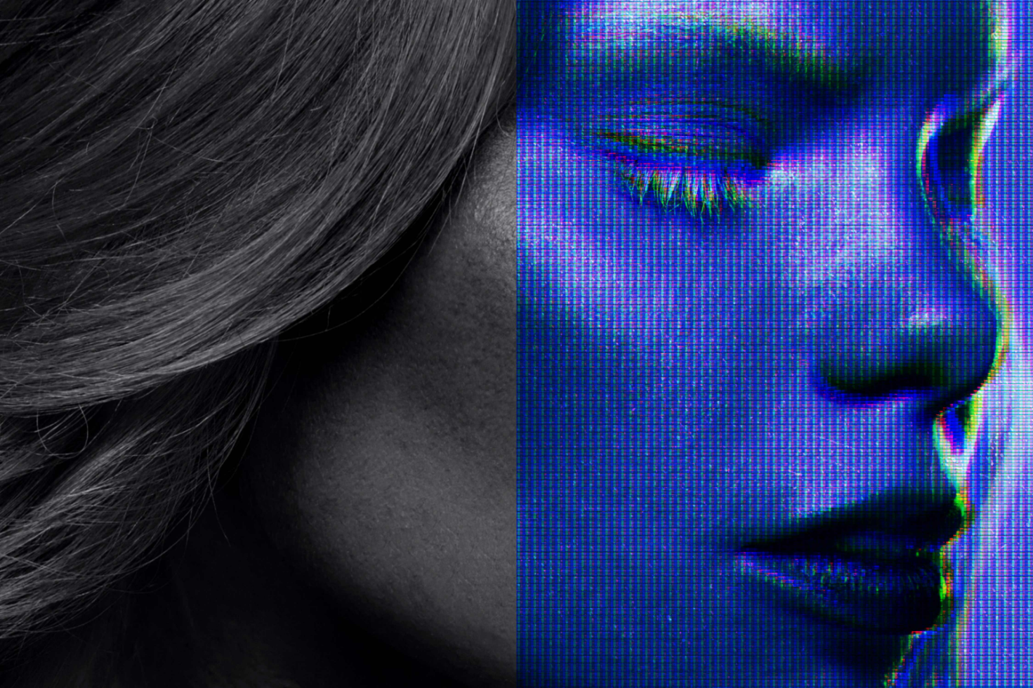 Split image with left side in black and white of woman's hair and right side in blue electronic pixel effect of woman's face duality design asset mockup