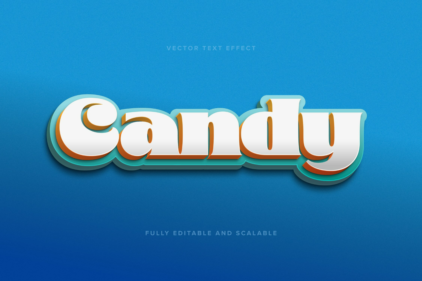 Candy text effect vector template with 3D style layered typography in white and orange on a blue background. Fully editable and scalable font graphic.