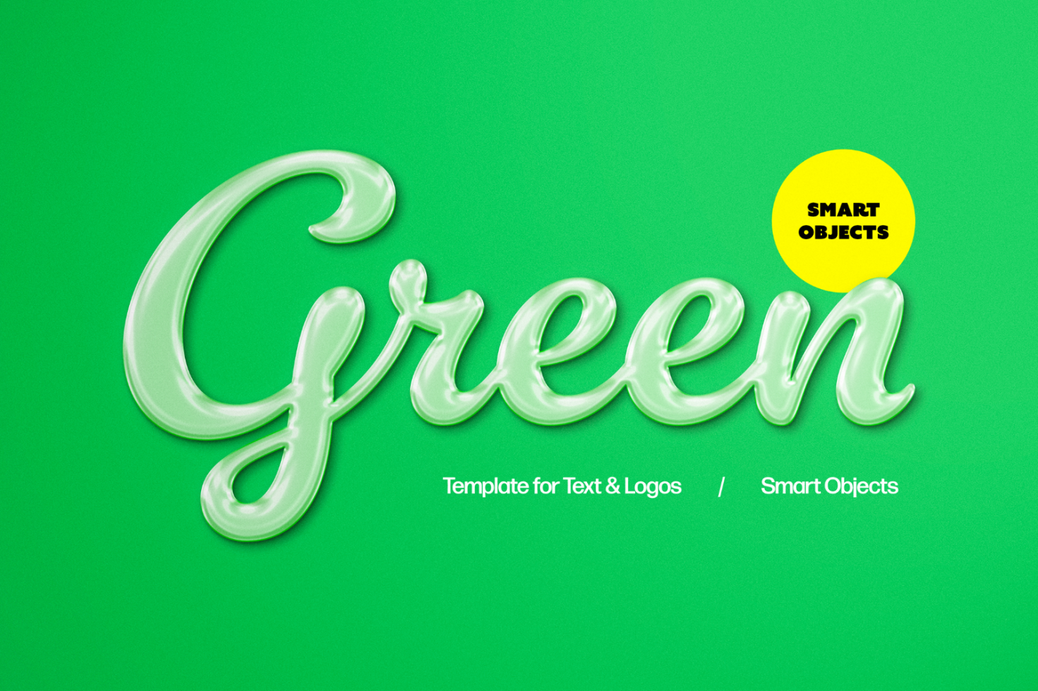 Green text effect template for designers featuring a glossy 3D text on a green background with smart objects for easy editing. Suitable for logos mockups.