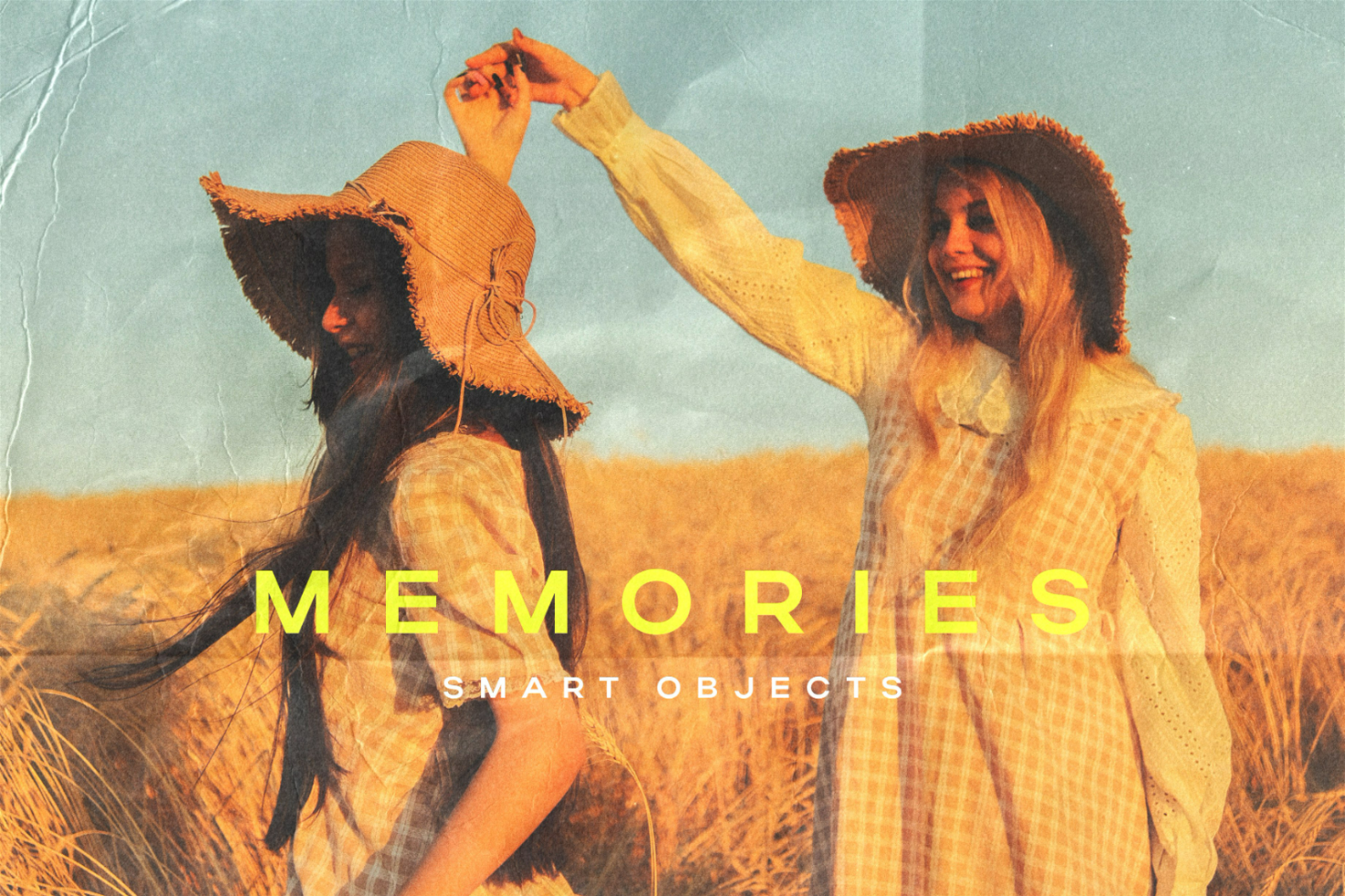 Vintage photo mockup featuring two women in hats dancing in a field with Memories text overlay. Perfect for designers. Keywords: mockup, vintage, field, dancing.