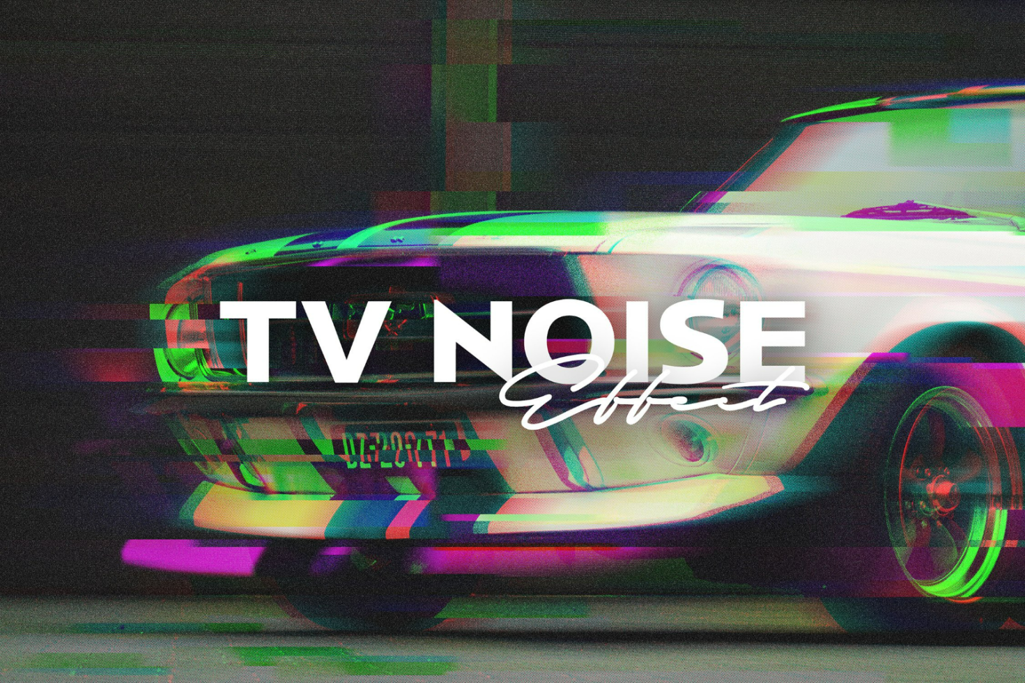 Digital asset showcasing a TV noise effect mockup on a vintage car image with vibrant glitch visuals perfect for designers seeking unique graphic elements.