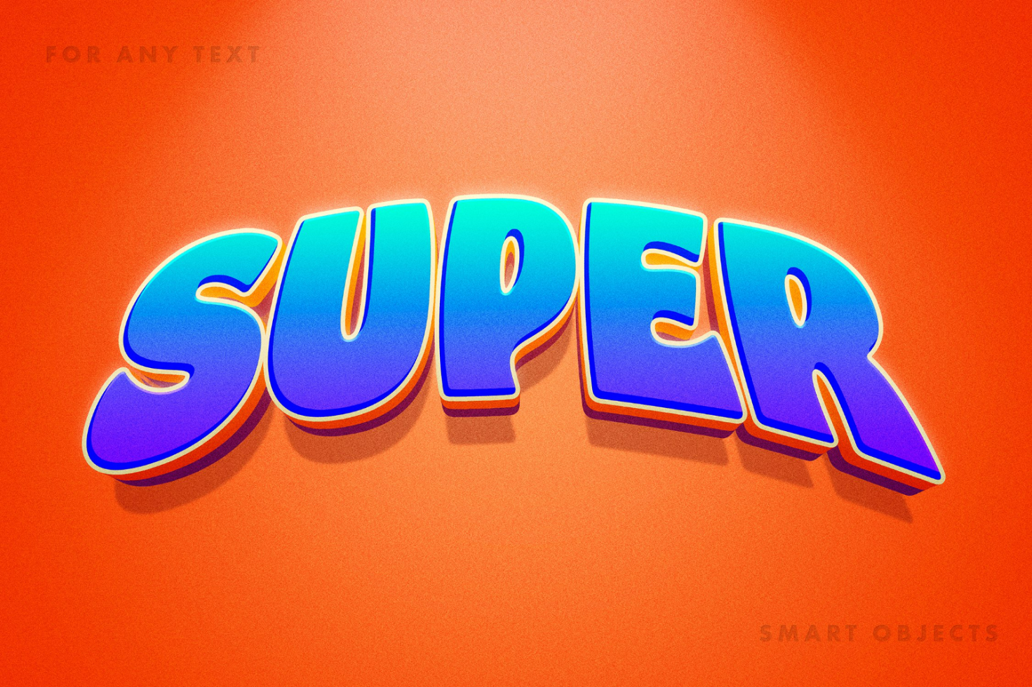 3D text mockup template with the word super in blue gradient on an orange background editable smart objects perfect for designers creating graphics.