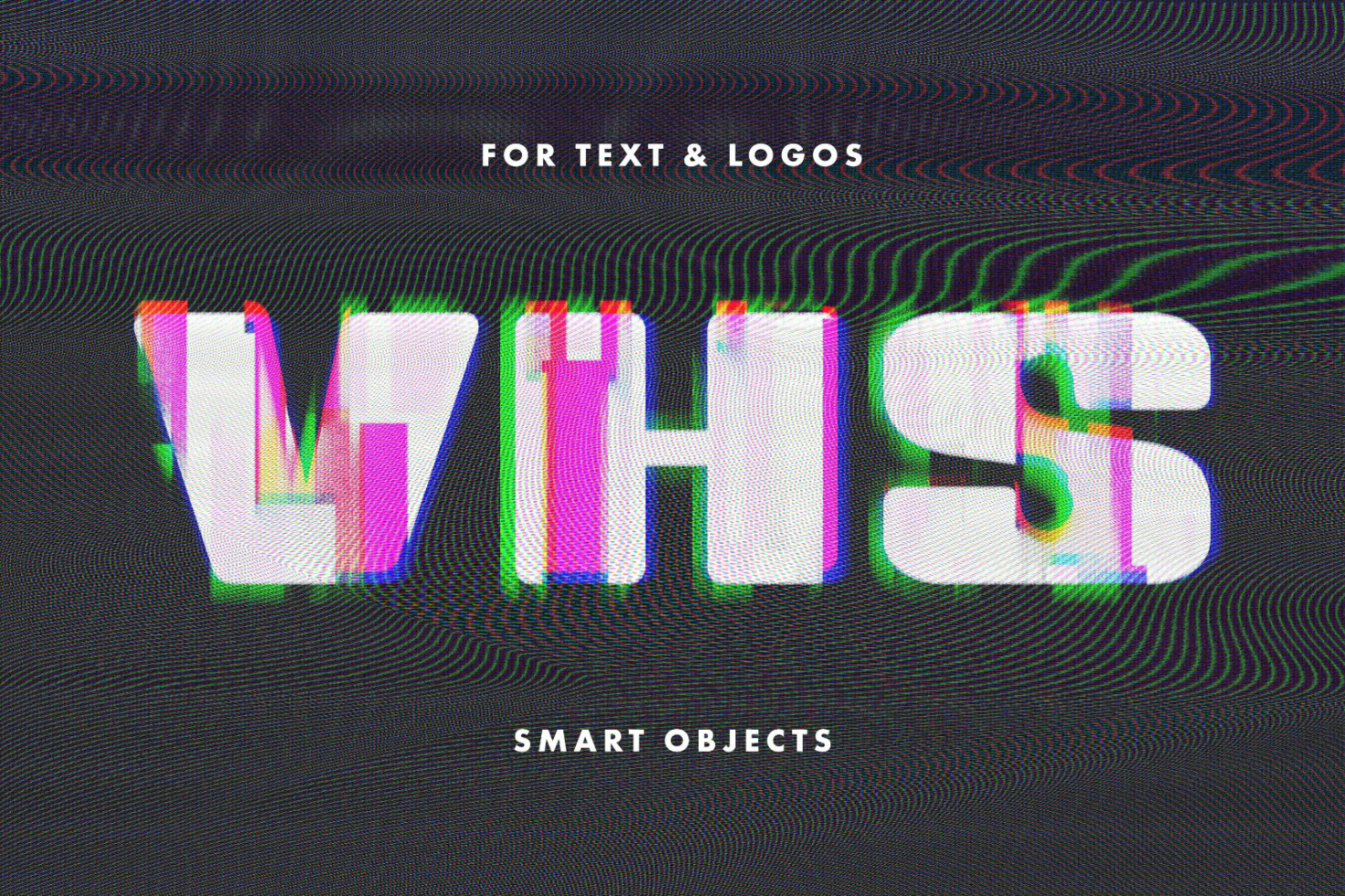 VHS glitch text effect template for designers creating retro digital assets. Use for logos and text with smart objects. Ideal for mockups and graphics.