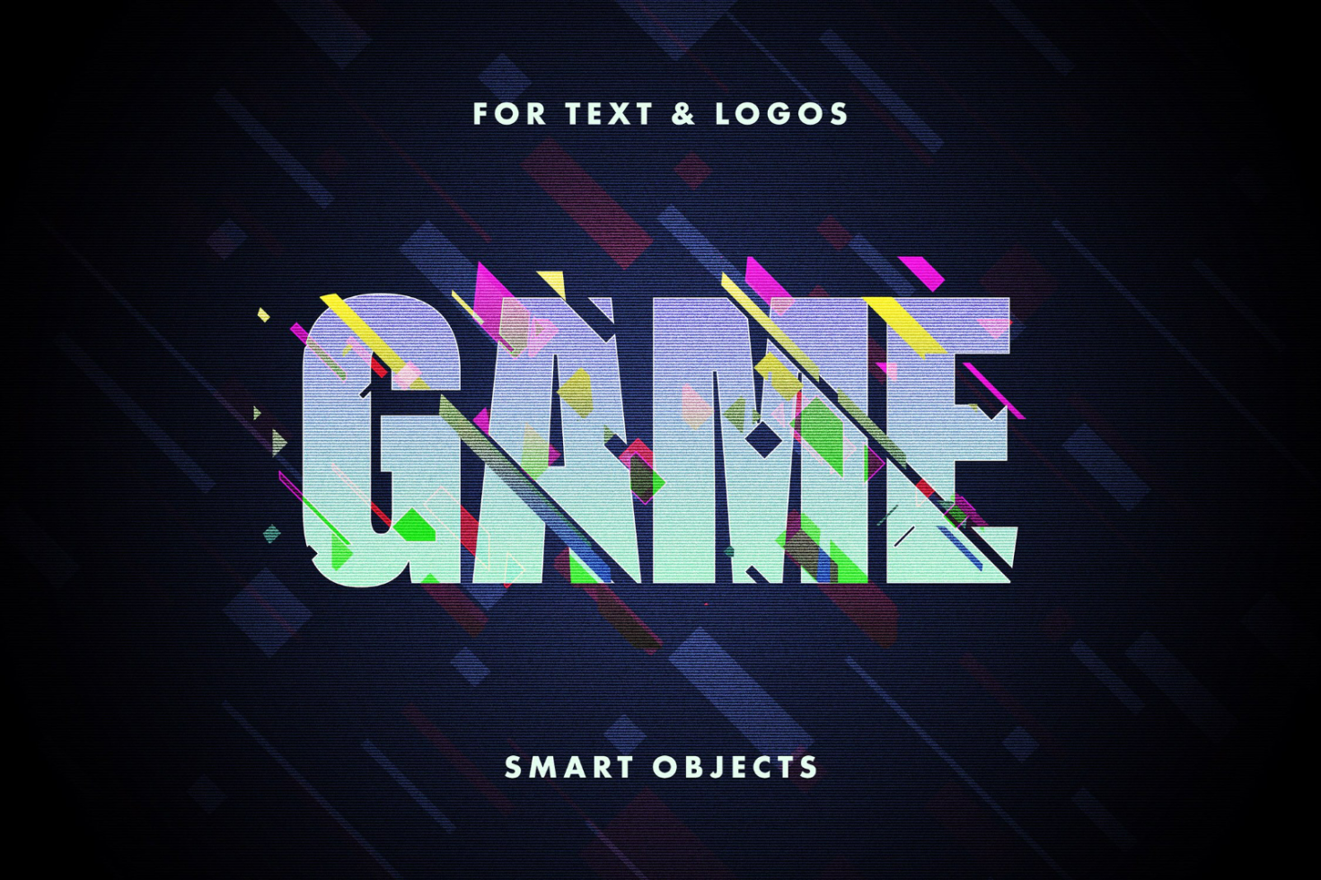 Colorful text mockup "GAME" for logos and graphics on a dark background with geometric patterns ideal for designers looking for modern design templates and smart objects