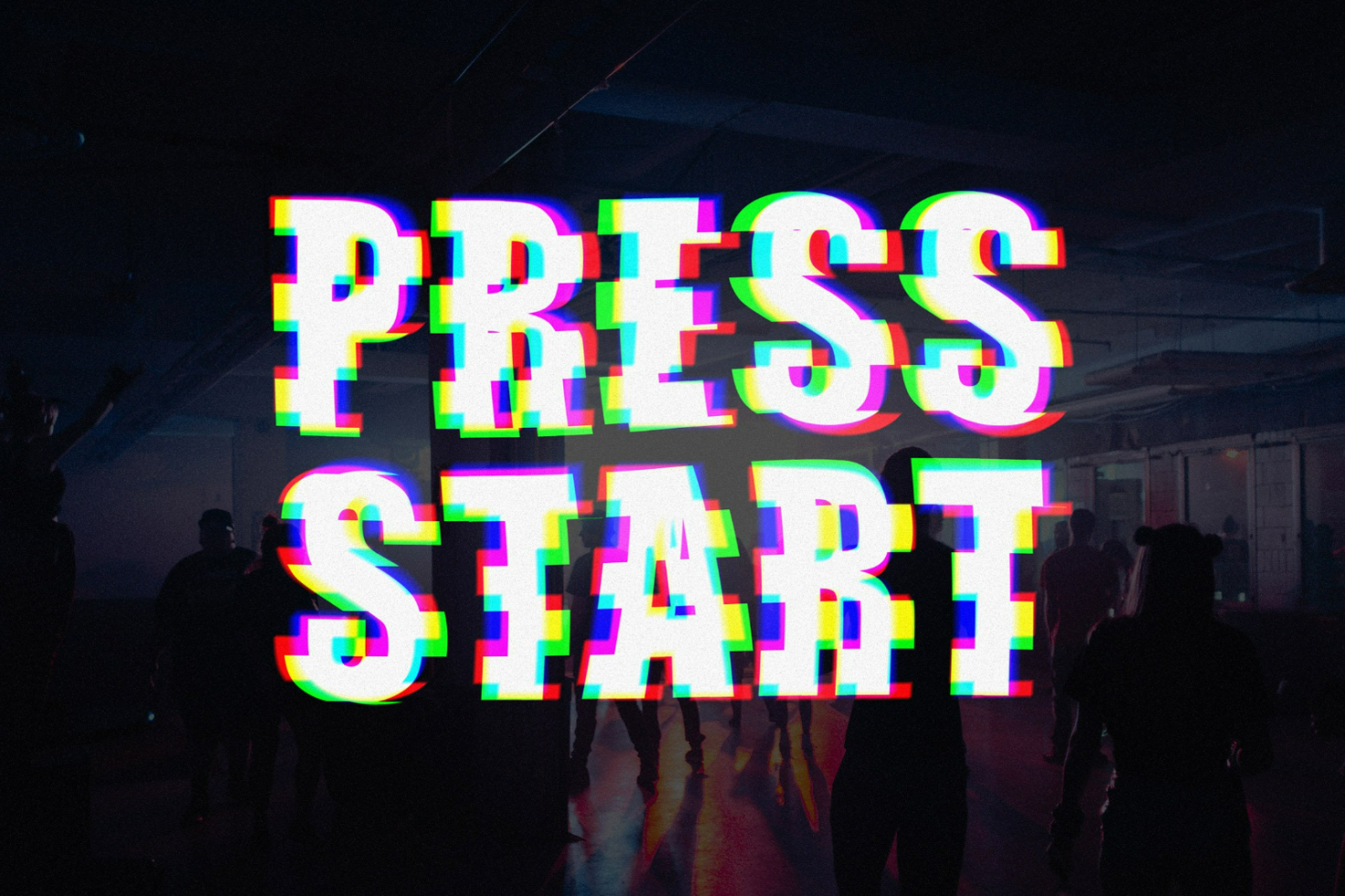 Glitch text effect graphic with Press Start displayed in bold letters against a dim background. Ideal for designers seeking retro or cyber-punk inspired graphics.