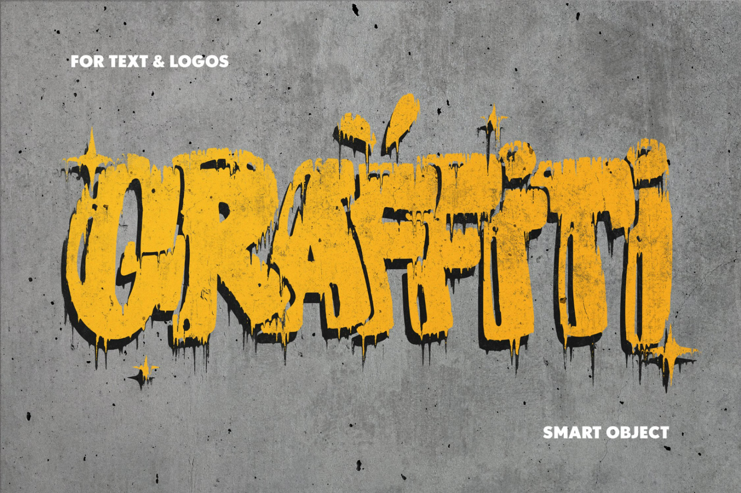 Graffiti text mockup template for logos and designs concrete background urban style yellow paint dripping customizable smart object keywords: mockups fonts.